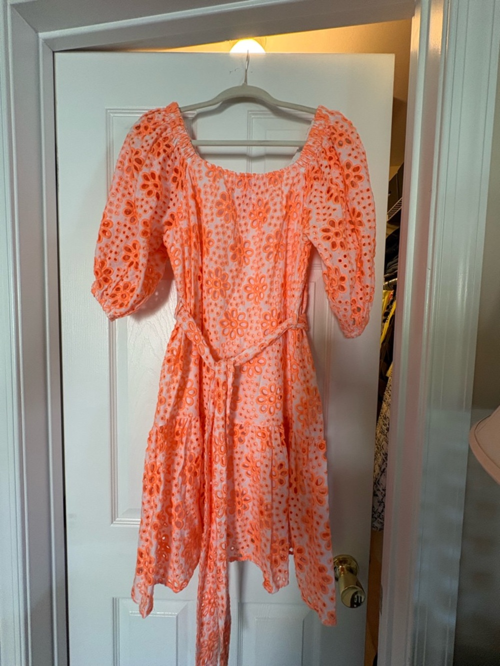 Lilly Pulitzer Coral Orange Eyelet Midi Dress with Tie Waist